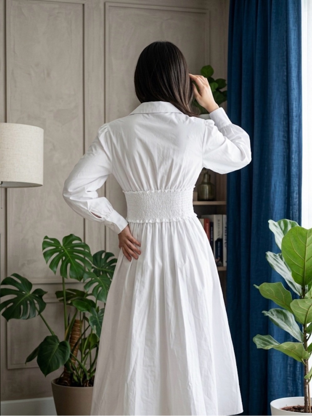 SHEIN White Long Sleeve Shirred-Waist Midi Dress